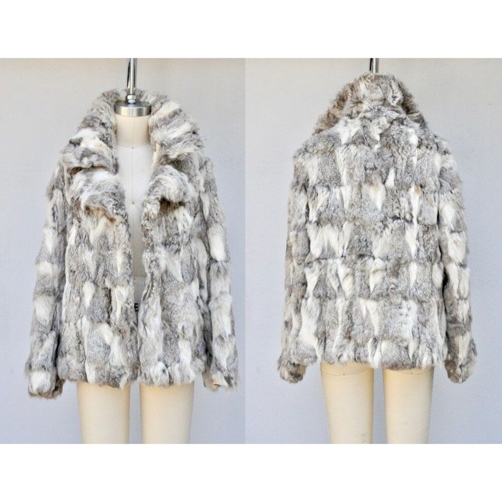 Vintage 2 Tones Gray Rabbit FUR Jacket - Multi Color Rabbit Fur Jacket XS - S